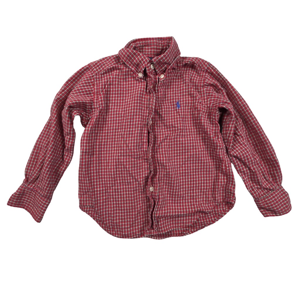 Ralph Lauren Boys Red Plaid Long Sleeve Button Down Shirt Pony Logo 4T